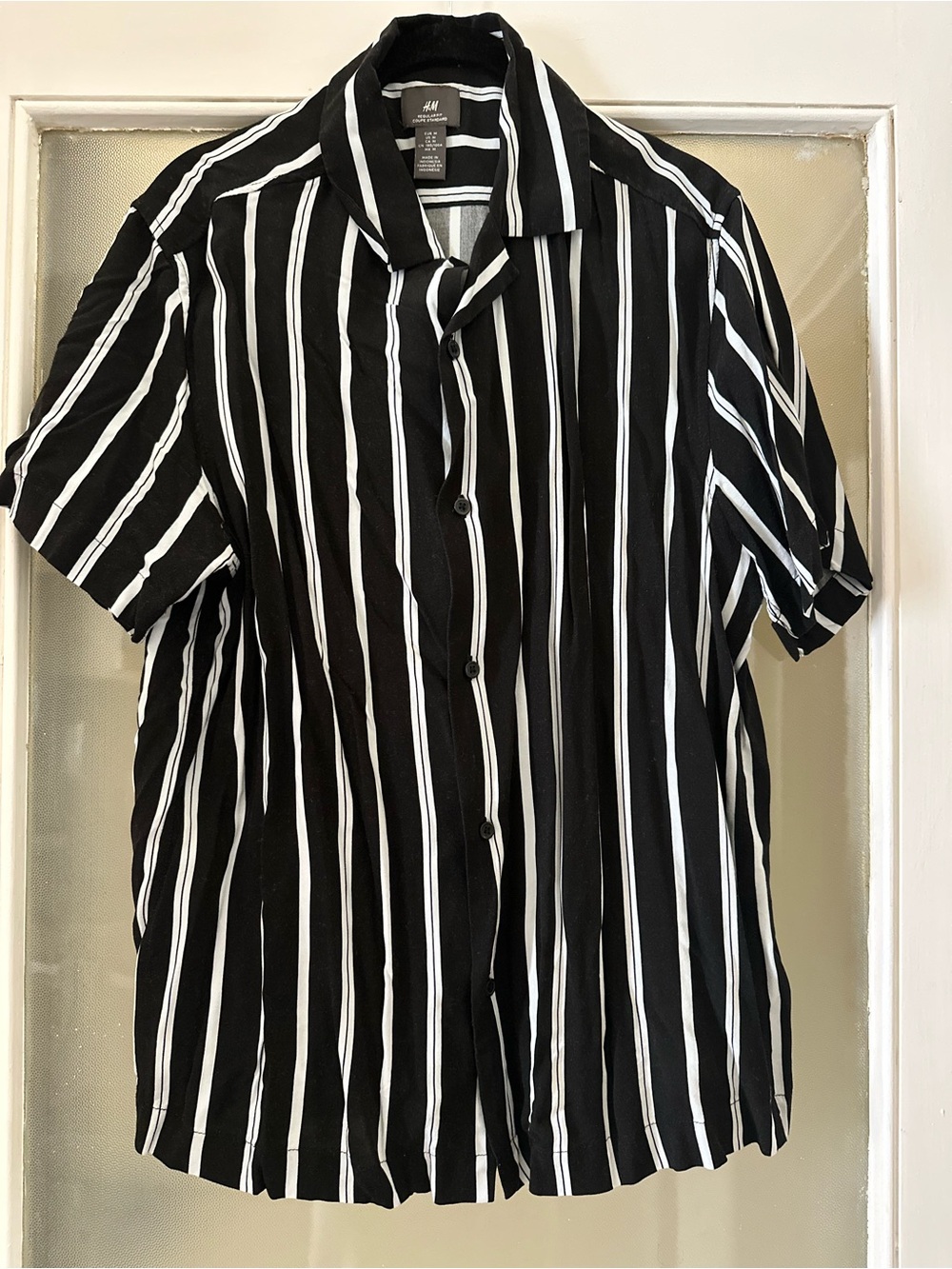 H&M Black and White Vertical Stripe Short Sleeve Button-Up Shirt